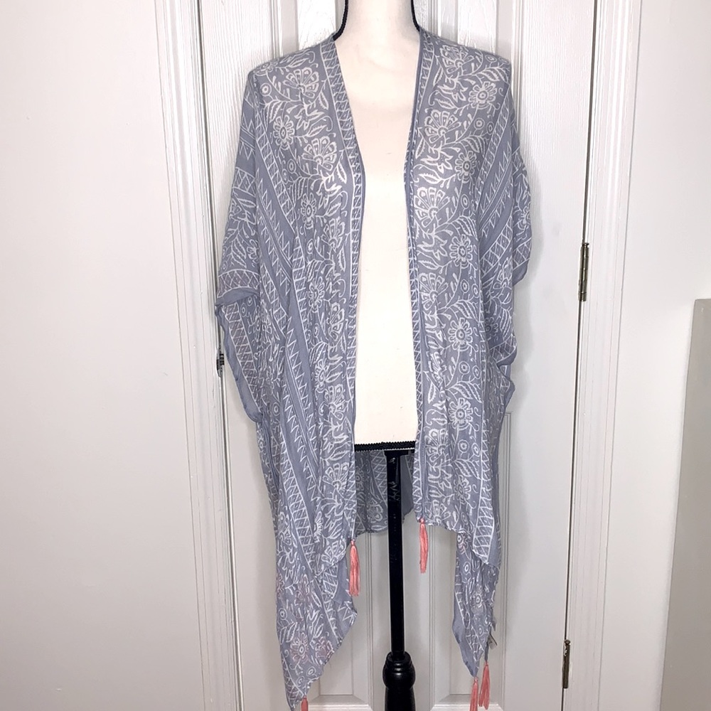 LOFT Kimono One Size Blue and White with Orange Tassels